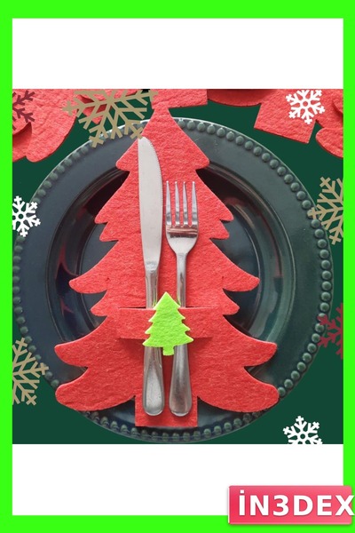 İN3DEX Christmas Themed Felt Spoon Holder Set 6 Pieces with Pine Tree Pattern