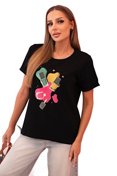 Kesi Czarna bluzka damska bawełniana z krótkim rękawem i kolorowym nadrukiem
