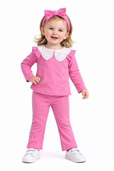 ues Pink Lace Collar Camisole Ribbed Girls' 3-Piece Set