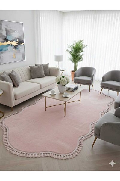 ALTUN CARPET Modern Yavru Ağzi Pink Oval Plush Pompom Fringed Non-Slip Carpet...