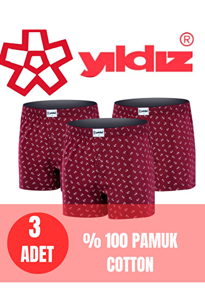 CHARM Yıldız Men's 3-Piece 100% Cotton Anchor Pattern Combed Cotton Boxer