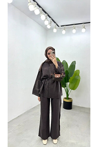 Miraydın Butik Embroidered Tesla Fabric Hijab Double Set - Brown