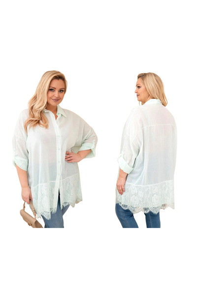Kesi Women's Cotton shirt, plus size, with Lace trim, mint color