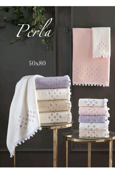Arliva Home Bukle Embroidered Pompom Perla 4-Pack 50X80 cm Hand and Face Towels