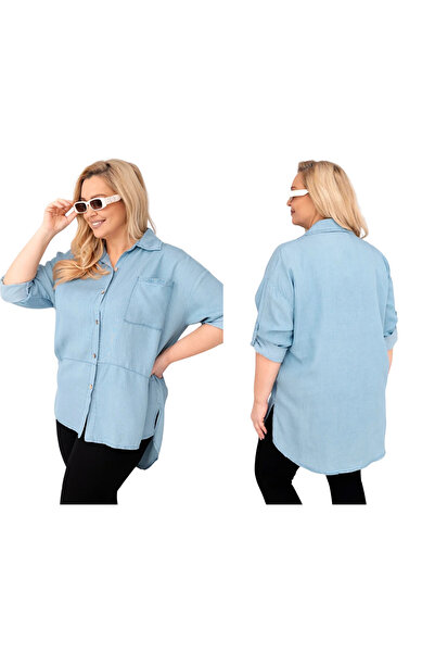 Kesi Jasno jeansowa koszula damska Plus Size z lyocellu z kieszenią