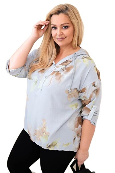 Kesi Bluză gri din viscoză pentru femei, mărime mare, cu glugă florală