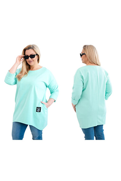 Kesi Miętowa bluzka damska bawełniana Plus Size oversize z kieszeniami