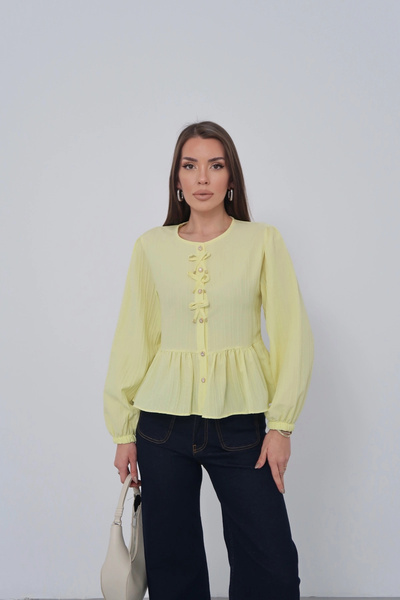 URİS Women's Lemon Yellow Bow Detailed Buttoned Long Sleeve Shirt Blouse
