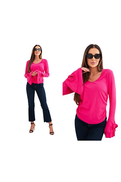 Kesi Fuksja bluzka damska prążkowana z wiszkozy i falbanką na rękawach