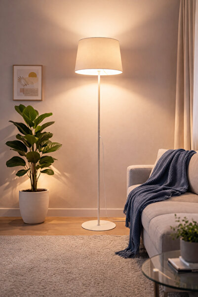 Ultra Home Aqua Model Krem Metal Ayaklı Bohem Lambader 145 cm Kumaş Başlıklı ...