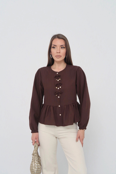 URİS Women's Bitter Brown Bow Detailed Buttoned Long Sleeve Shirt Blouse