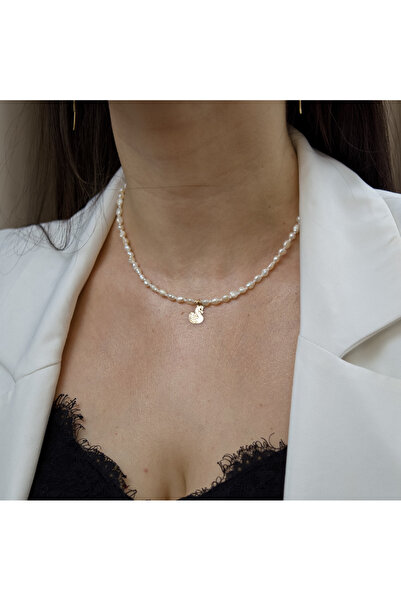 BLACK SWAN Bijoux Natural pearl necklace and 14K gold pendant Swan - gold balls