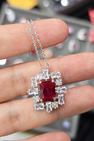 MorMajor Silver YAKUT RUBY BAGET DİKDÖRTGEN GÜMÜŞ KOLYE