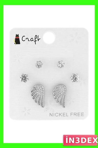 İN3DEX 6 Piece Stone Angel Wing Earring Set in Silver Color