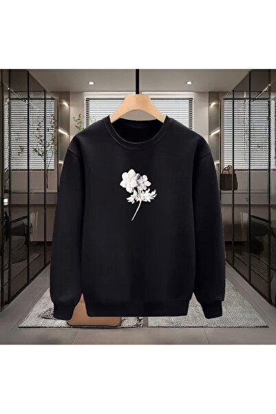 cennet'in butiği سويت شيرت فضفاض برقبة دائرية مطبوع عليه زهرة هواية الفضة للج...