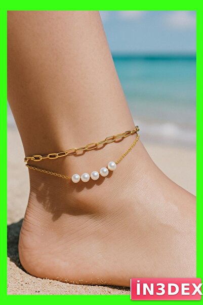 İN3DEX Steel Anklet with Five Pearl Detail Sf Chain Design