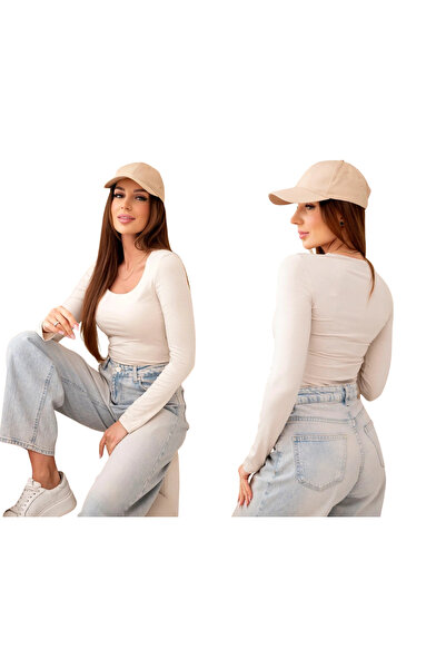 Kesi Beżowa bluzka damska dopasowana z dekoltem U i długim rękawem