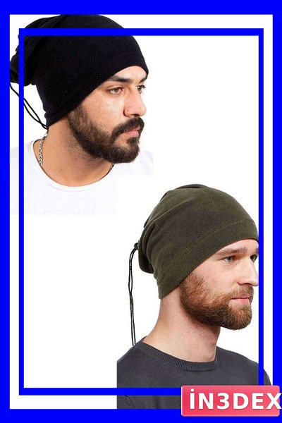 İN3DEX Polar Fleece Yarn Beanie and Neck Warmer Set with Black and Green Colo...