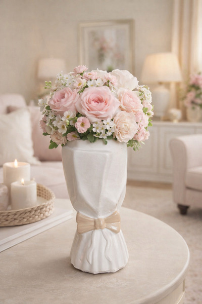 SZN HOME DESİGN Dekorativna keramička vaza sa mašnom – Moderna i boemska ston...