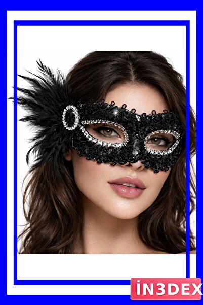 İN3DEX قناع حفلات مزين بالريش الأسود ومطرز بالترتر