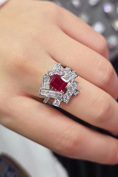 MorMajor Silver YAKUT RUBY BAGET DİKDÖRTGEN GÜMÜŞ YÜZÜK