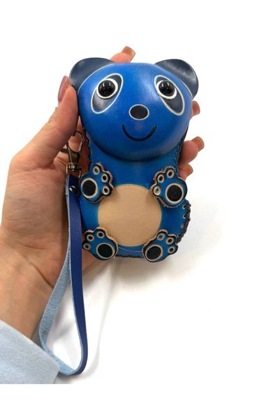 MD Moda Accessories Handmade Leather Keychain with Panda Figure / Mini Zipper Wallet
