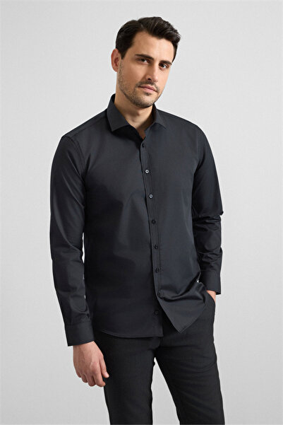 SÜVARİ Siyah Slim Klasik Yaka Düz Klasik Gömlek