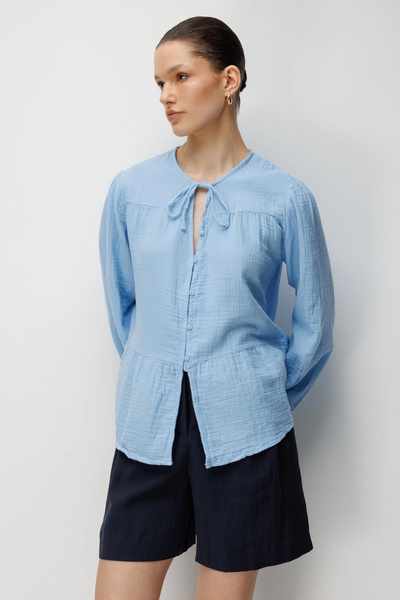 URİS Women's Baby Blue Muslin Fabric Lace Collar Buttoned Front Flounce Shirt...