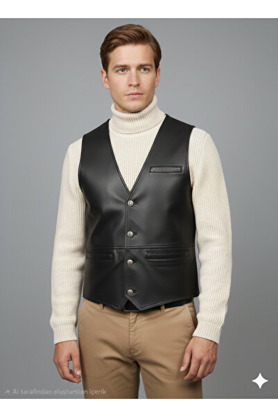 Savran Deri Balkın Metal Buttoned Men's Genuine Leather Black Vest