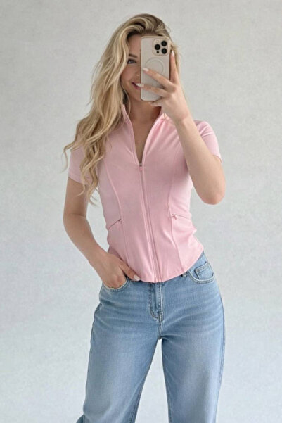 İlayda Toprak Γυναικεία κοντομάνικη αθλητική μπλούζα με φερμουάρ και τσέπες σ...