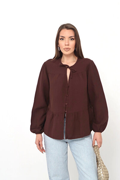 Lusin Women's Brown Muslin Fabric Collared Lace-Up Front Buttoned Flounce Shi...