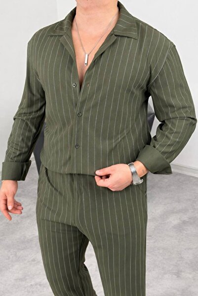 tetramoda Men's Lycra Crepe Fabric Striped Shirt and Trousers Set