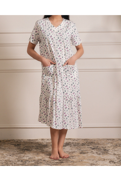 hendam Soft floral print house dress (nightgown) with front pockets - White