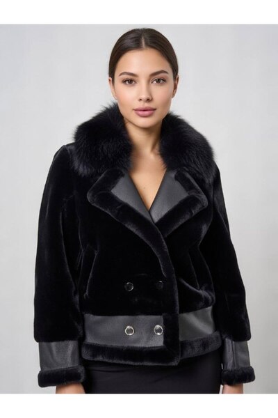 Rabiossa Kadın Lux Noir Peluş Deri Detaylı Ceket