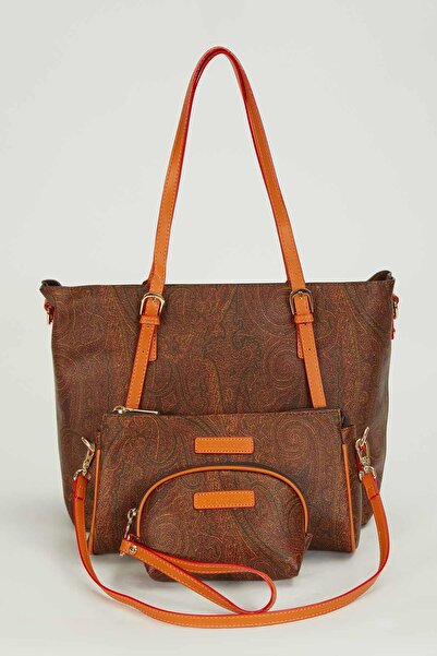 Levidor Dark Brown Ethnic Patterned Women's Triple Bag Set Large Size Shoulde...