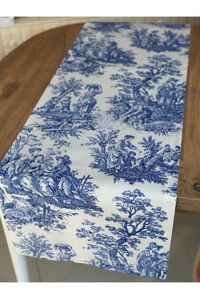 Sibelarthome Sibelarthome Panama Linen French Peasants Toile De Jouy Pattern Runner 40X140 cm
