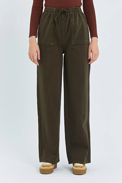 Lusin Women's Brown High Waist Elastic Waist Lace-Up Wide Leg Wide Cut Stylis...