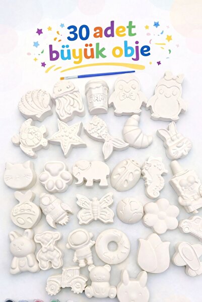 obelleatelier 30 Adet Random Büyük Boy Taş Obje Boyama - 12 adet boya - Fırça...