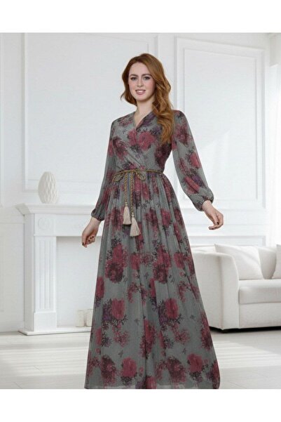 alqarat "Asayel" Maxi - Floral Textured Chiffon with Braided Belt