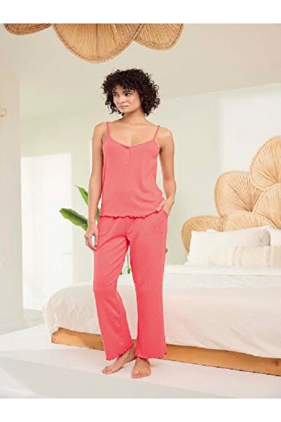 Aydoğan Women's Salmon Corduroy Thin Strap Pajama Set Lettuce Green, Long Leg...