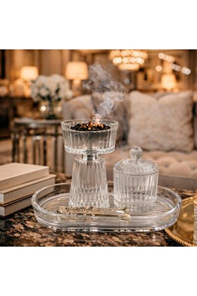 Generis طقم مبخرة زجاجية مخطط مع علبة وصينية وملقط