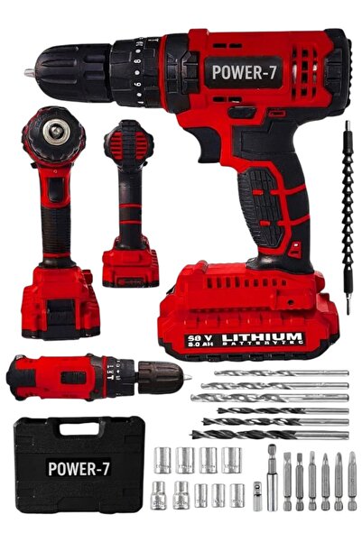 POWER7 24 V 5 Ah Çelik Şanzuman Bakır Sargılı Çift Akülü Şarjlı Matkap 27 Par...