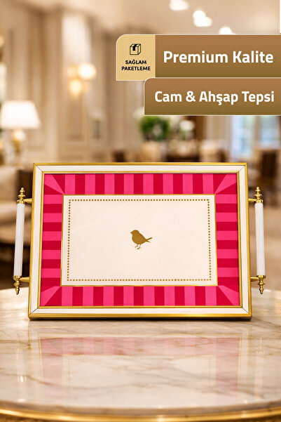 Mutfiko صينية تقديم ذهبية بإطار خشبي وحواف زجاجية، صينية تقديم وضيافة مقاس 46...