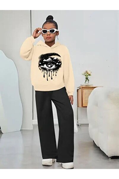 VESTIR BIEN Eye-Printed Beige Top Black Bottom Wide Leg Suit