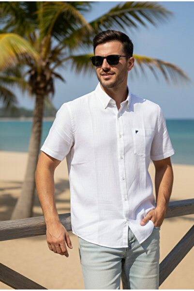 YusGos Men's Modern Fit Premium Cotton Short Sleeve Single Pocket Linen Shirt