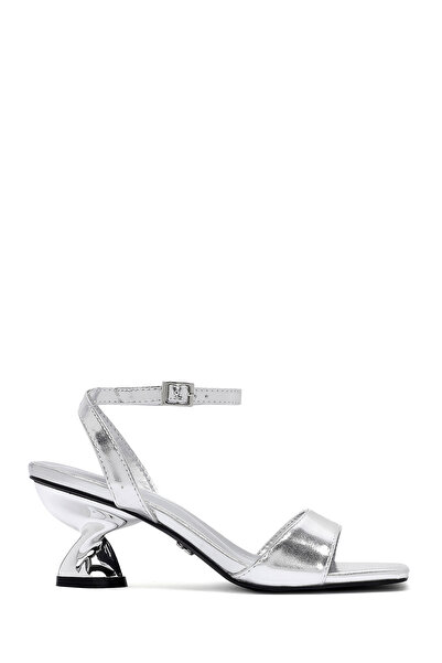 Derimod Women's Silver Ankle Buckle Thick Heeled Metallic Sandals 26Sfe450532