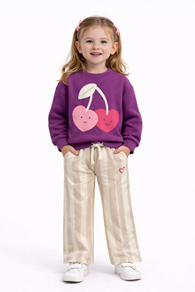 ues Set pentru fete cu bluză mov cu cireșe și pantaloni largi cu dungi