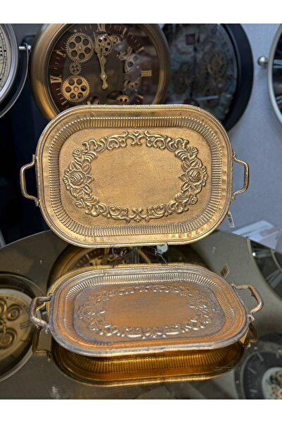 city gold 2'Li Telkari Metal Eskitme Gold Tepsi Dekoratif