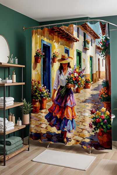 EVPANYA Perdeau de baie, perdea de duș cu model Flower Girl, perdea pentru ca...