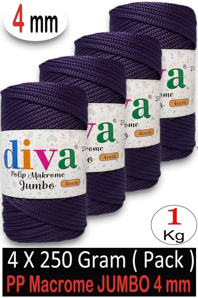 Diva İplik 1 кг полиестер макраме джъмбо (4 мм) 142U4250 лилаво (4-пакет)